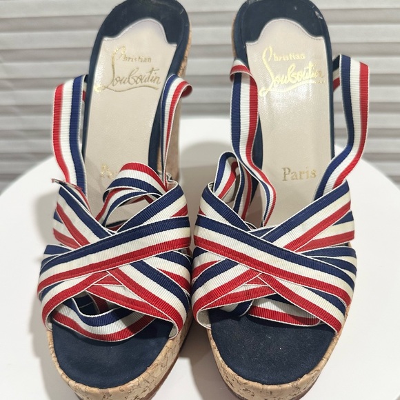 🌺CHRISTIAN LOUBOUTIN 🌺 Red White Blue Cork Wedges Size: 37.5 - Picture 6 of 11